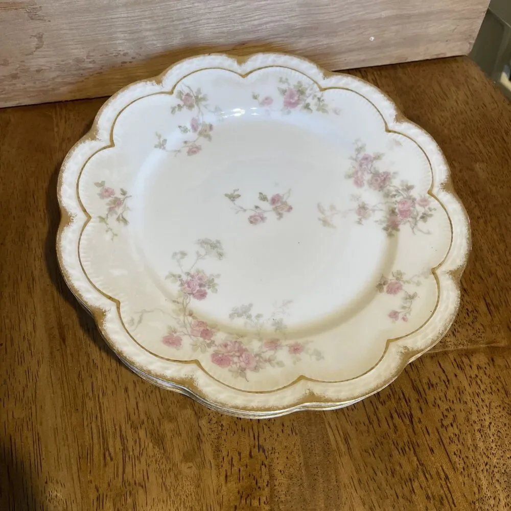 3 Antique Haviland Limoges Luncheon Plates Roses Gold Trim 8.5”